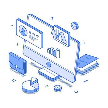 en línea negocio computadora flujo de trabajo comercial analizando monocromo isométrica vector