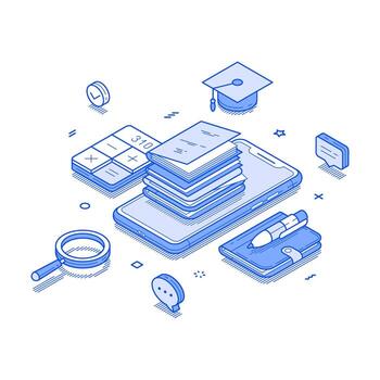 E learning online education remotely course smartphone application isometric illustration vector