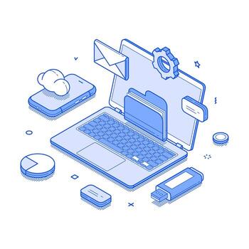 Computer cloud storage desktop database document file folder isometric illustration vector