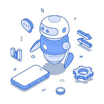 artificial inteligencia chatbot asistencia teléfono inteligente solicitud isométrica ilustración vector