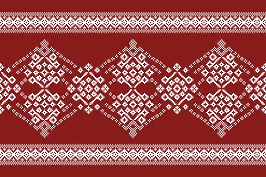 Design of motif cross stitch red color background with ethnic pattern style. vector