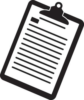 negro y blanco silueta de un portapapeles con líneas de texto aislado en blanco antecedentes vector