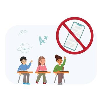 alumnos a escritorios levantamiento manos mientras teléfono inteligente prohibido marca indica normas. educación acerca de concentración y disciplina vector