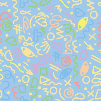 Pastel seamless doodle pattern on light blue with multicolor lines, hearts, arrows, eyes, playful abstract vector