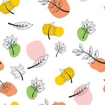 autumn leaves and colorful blobs on white background. Modern botanical seamless print, stylish seasonal wrapping concept. vector