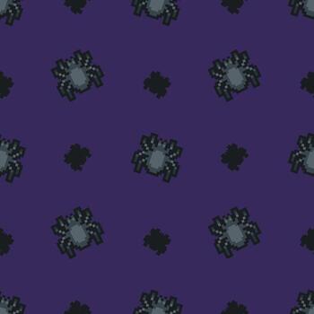 sin costura modelo presentando píxel Arte arañas en un oscuro púrpura antecedentes vector