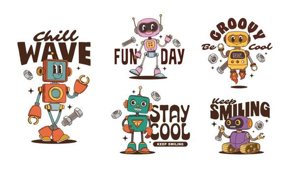 Funny robot and droid groovy characters stickers vector