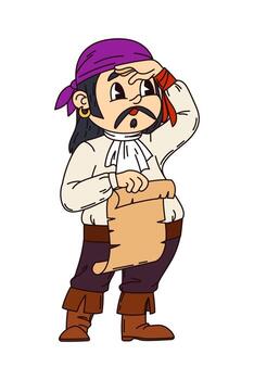 Groovy funny pirate corsair character with scroll vector