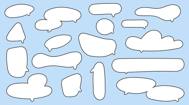 Speech bubble doodle set with hand-drawn comic style dialog balloons, thought clouds, and chat elements. pack of cartoon conversation symbols for notes, comics, and design projects. vector
