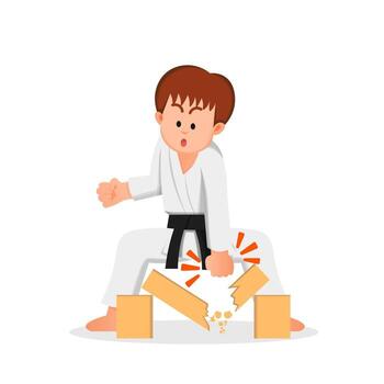 boy in a karate suit breaks a block with his hands vector