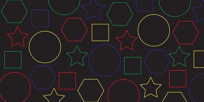 A pattern of various basic geometric shapes drawn with colorful outlines on a black background vector