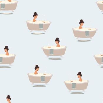 Seamless pattern with woman relaxing in bathtub with foam vector