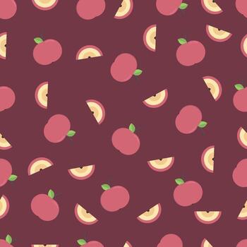 Seamless fruit pattern featuring whole apples and cross-sections on a deep maroon background. Ideal for autumn-themed textiles, kitchen decor, wrapping paper, and educational materials. vector
