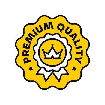 illustration of a yellow premium quality badge icon with ribbon and king crown symbol. Clean, and modern flat style design. For product promotion, marketing, logo, label, seal, tag, sign, symbol vector