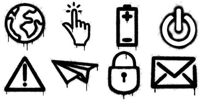 Street art graffiti icons set featuring globe, hand click, battery, power button, warning triangle, paper plane, lock, and envelope. Perfect for digital design, stickers, and urban style artwork. vector