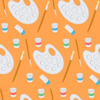 Seamless pattern with paint palettes, brushes, jars and erasers on orange background. Concept of creativity, artistic tools and education in visual arts vector