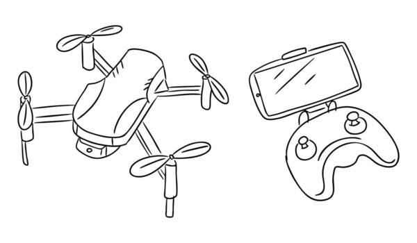 mano dibujado ilustración de un zumbido con cuatro hélices y remoto controlar con pantalla en contorno estilo. concepto de tecnología, innovación y moderno artilugio vector