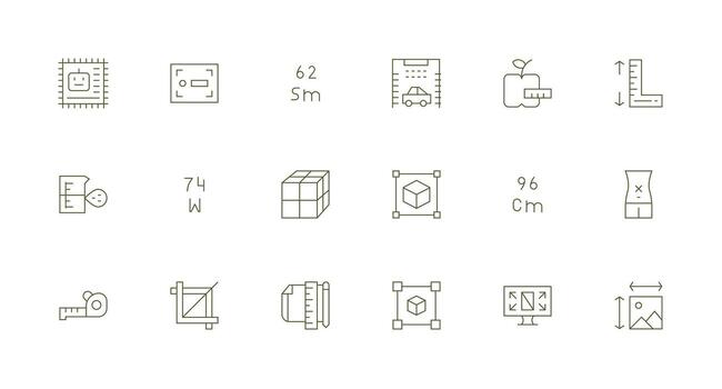dimensiones icono colección con 18 mínimo línea diseños basado en temas icono paquete vector