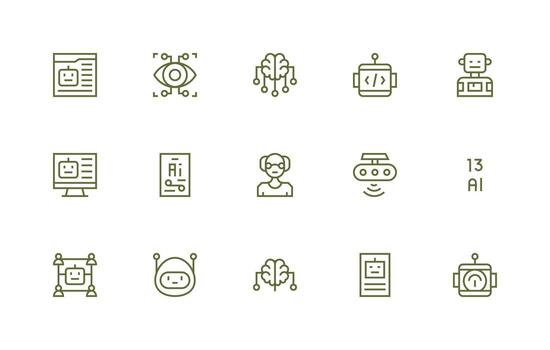 Machine Learning Design Icons featuring 15 in Regular Line Style Organized Icon Pack for Quick Access vector