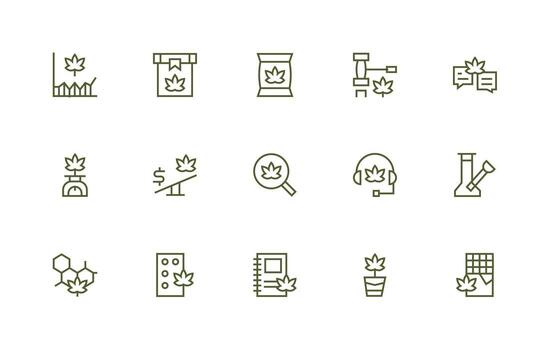 Marijuana featuring 15 Icons in Regular Line Design Essential Icon Set for Teams vector