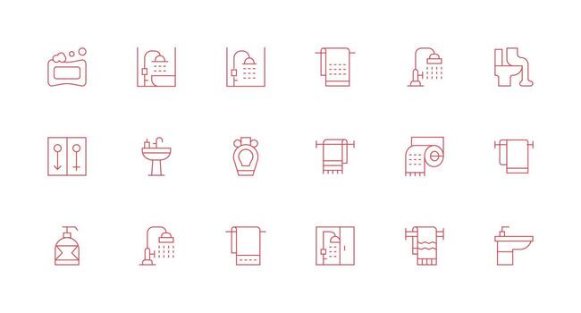 baño presentando 18 íconos en mínimo línea diseño completamente editable icono conjunto para web vector