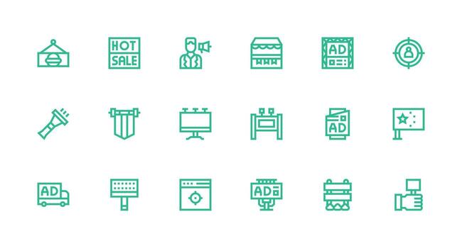 18 Strong Stroke Line Style Icons from Advertising Collection Complete Icon Bundle for Web Design vector