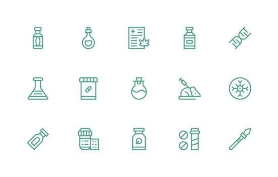 Pharmaceutical Design Icons featuring 15 in Regular Line Style Complete Icon Bundle for Web Design vector