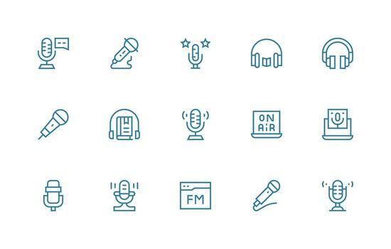 Podcast Design Icons featuring 15 in Regular Line Style Icon Collection Set vector
