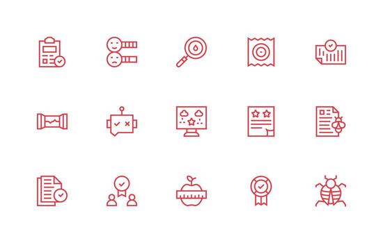 Quality Control featuring 15 Icons in Regular Line Design Essential Icon Set for Teams vector