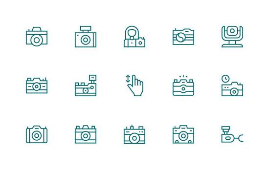 Digital Camera including 15 Regular Line Illustrations Simple Icons for Interface and Wireframes vector