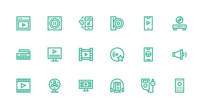 Media Player Icon Set with 18 Strong Stroke Line Graphics Icon Collection Set vector