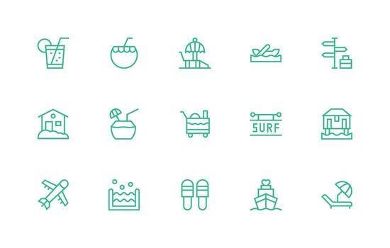 Vacation Icon Set with 15 Regular Line Graphics Web Icon Collection vector