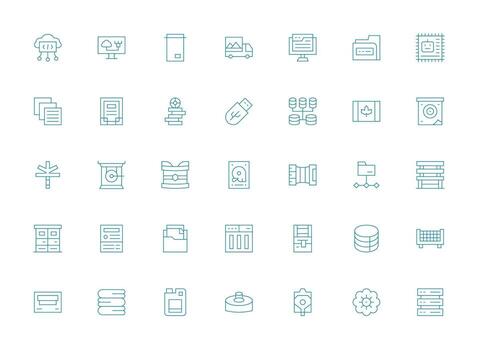 Data Storage featuring 35 Icons in Light Line Design Full Icon Library for UI Designers vector