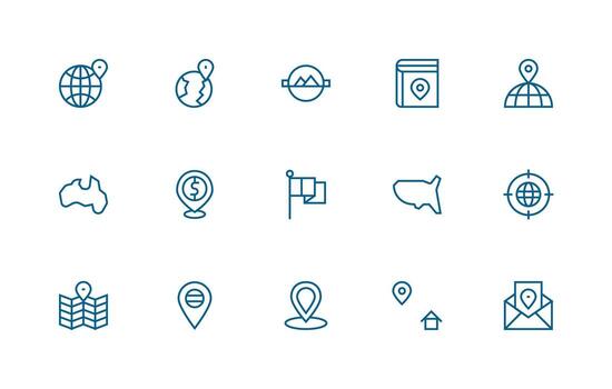 geográfico incluso 15 regular línea ilustraciones diseño icono colección vector
