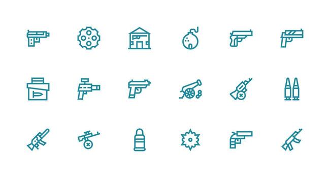 18 Strong Stroke Line Vectors for Firearm Theme Web and App Icon Pack Collection