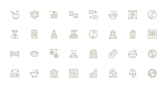 Chinese including 32 Thin Line Illustrations UI and UX Focused Icon Collection vector