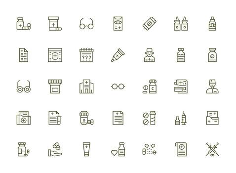 Prescription featuring 35 Icons in Regular Clean Line Design Neatly Designed Icons for Web Platforms vector