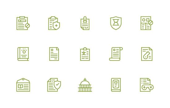 Policy Design Icons featuring 15 in Regular Line Style Universal Icon Pack vector