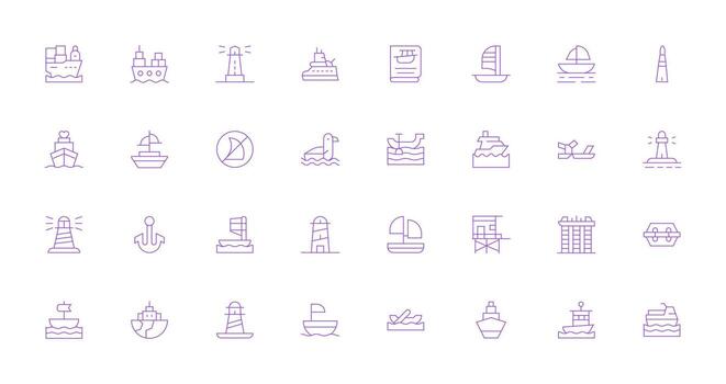 Harbor Design Icons featuring 32 in Thin Line Style Glyph Icon Series vector