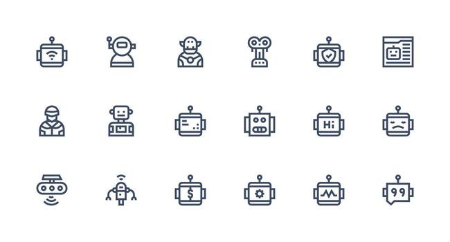 robot icono conjunto con 18 fuerte carrera línea gráficos digital icono colección vector
