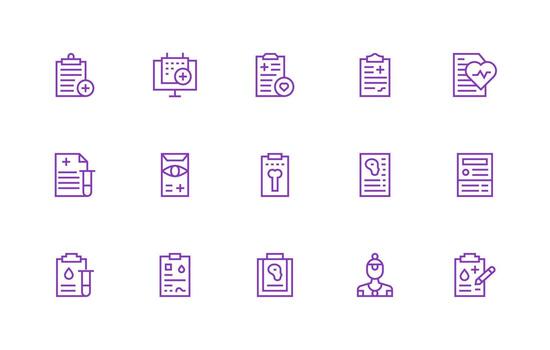 médico grabar icono conjunto con 15 regular línea gráficos sensible icono conjunto para flexible diseños vector