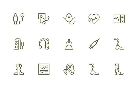 Medical Device Icon Set with 15 Regular Line Graphics Full Icon Library for UI Designers vector