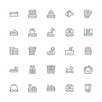 25 Medium Stroke Outline Icons for Swimming Graphics Complete Icon Set for Mobile Apps vector