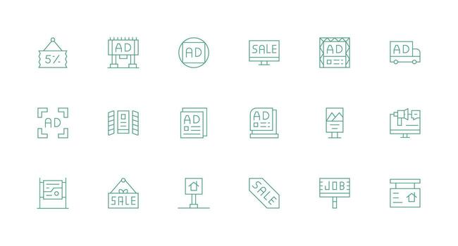 anuncio icono conjunto con 18 mínimo línea gráficos esencial icono conjunto para equipos vector