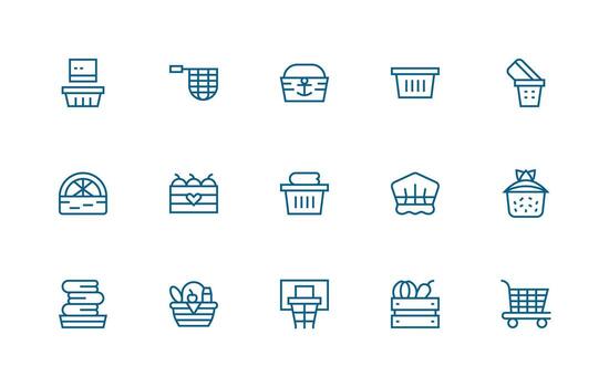 Basket Icon Collection with 15 Regular Line Designs Display Icon Pack vector