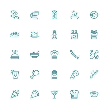 Appetizer Design Icons featuring 25 in Medium Stroke Outline Style Clean Icon Collection for Web Use vector