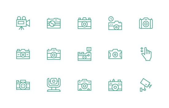 15 íconos para digital cámara en regular línea formato creativo icono conjunto vector