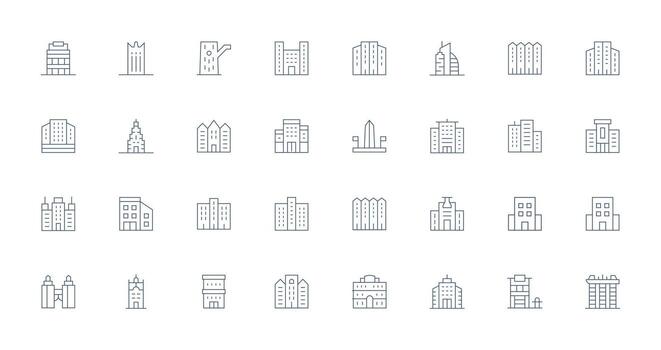 HighRise Design Icons featuring 32 in Thin Line Style Neat Icon Set vector