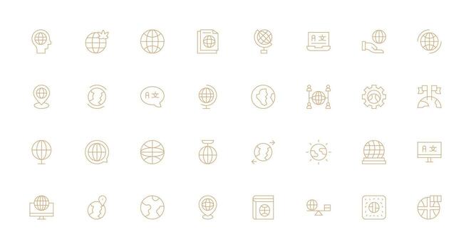32 Internationalization Icons in Thin Line Aesthetic Complete Icon Set for Mobile Apps vector