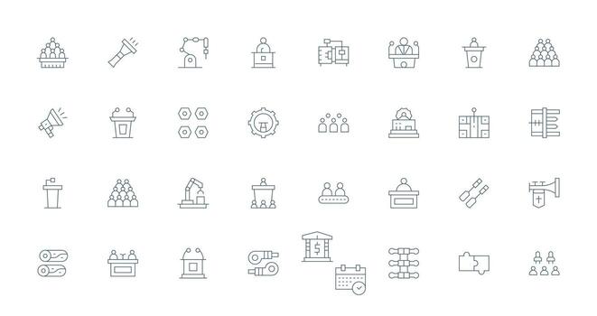 32 Delgado línea estilo íconos desde montaje colección basado en temas icono paquete vector